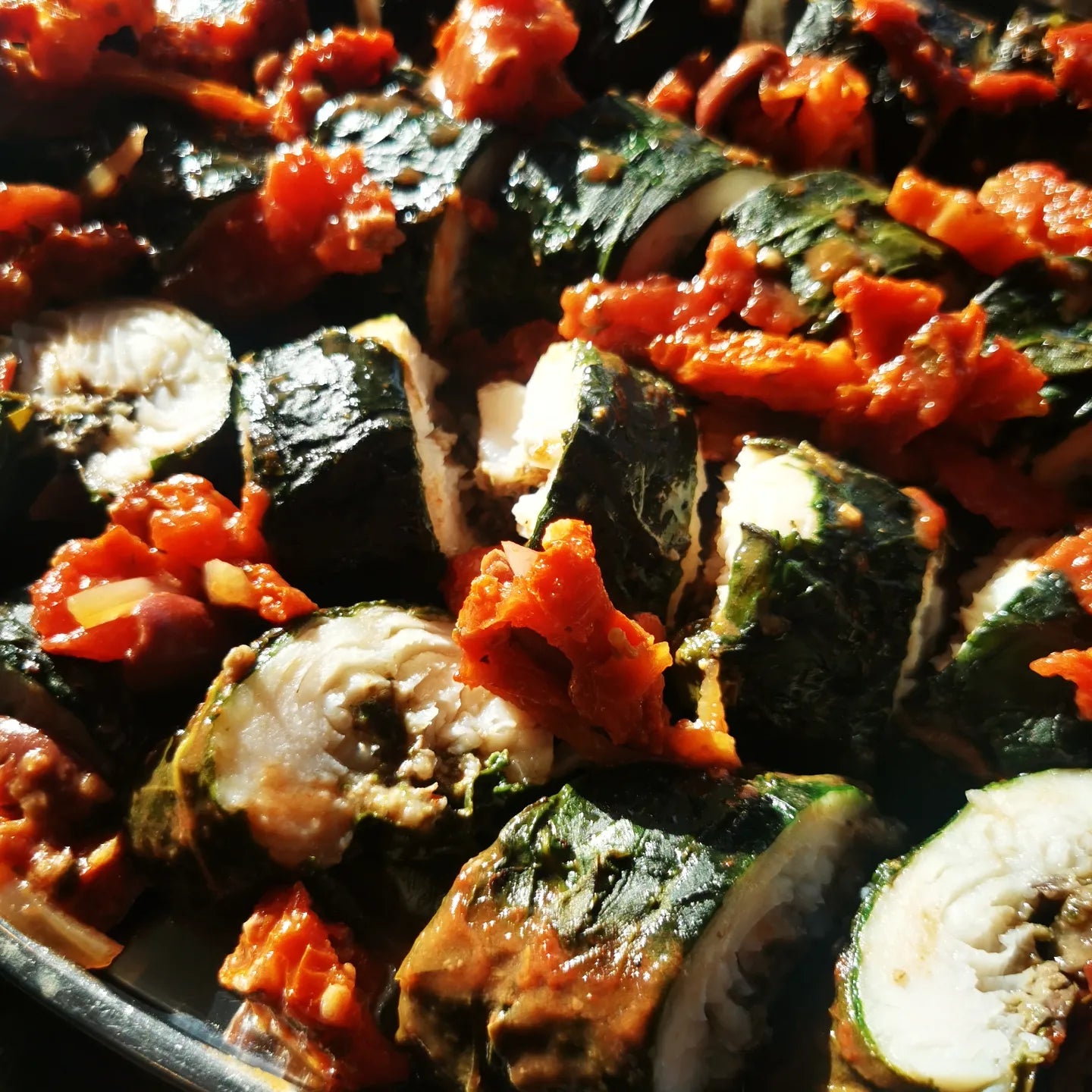 Swiss Chard Wrapped Basa /olive Tapenade ~ Includes Starch & Veggies (Frozen Meal)