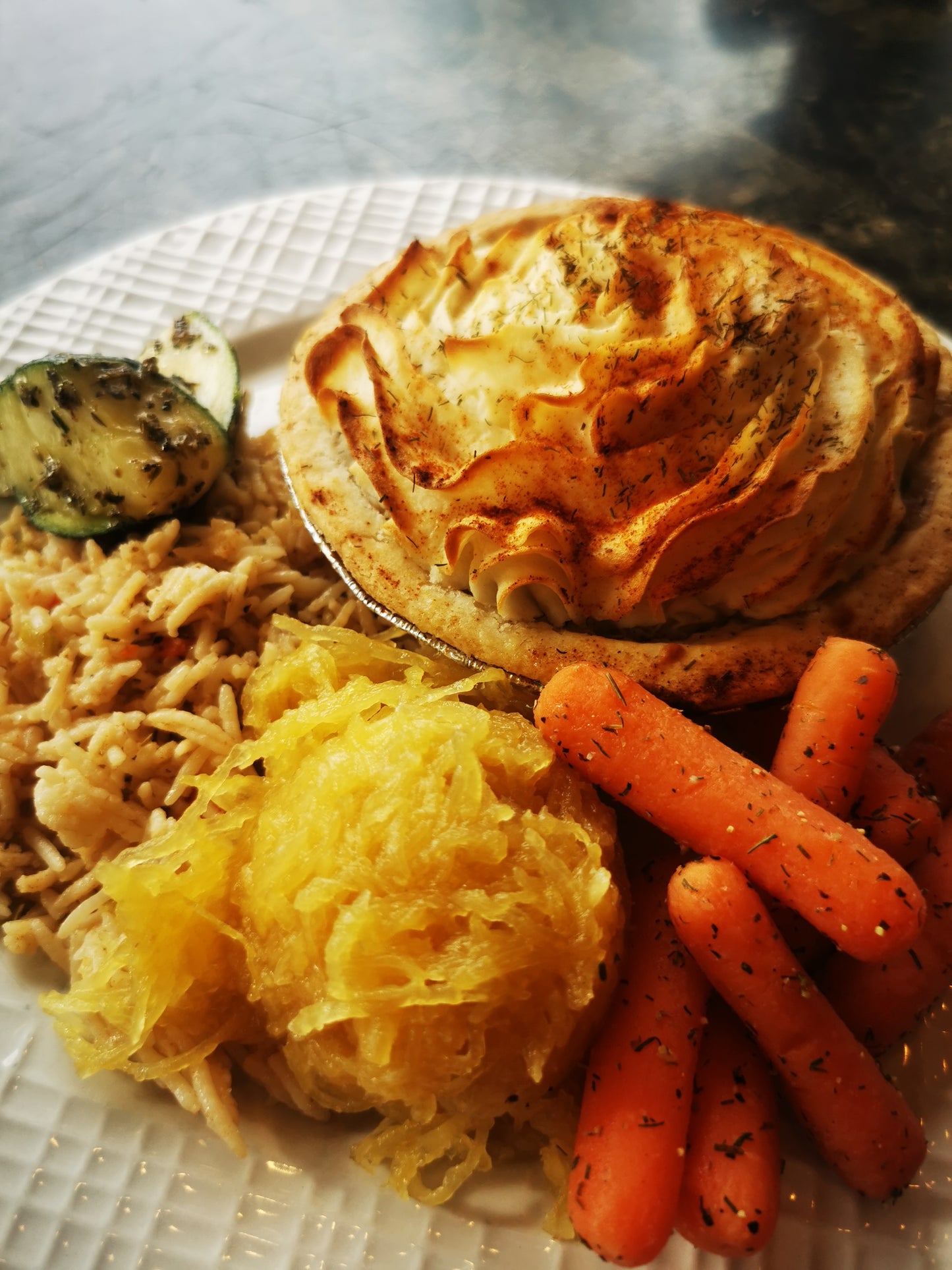 Coquilles St. Jacques w/ Rice Pilaf, & Two Veggies (Frozen Meal)