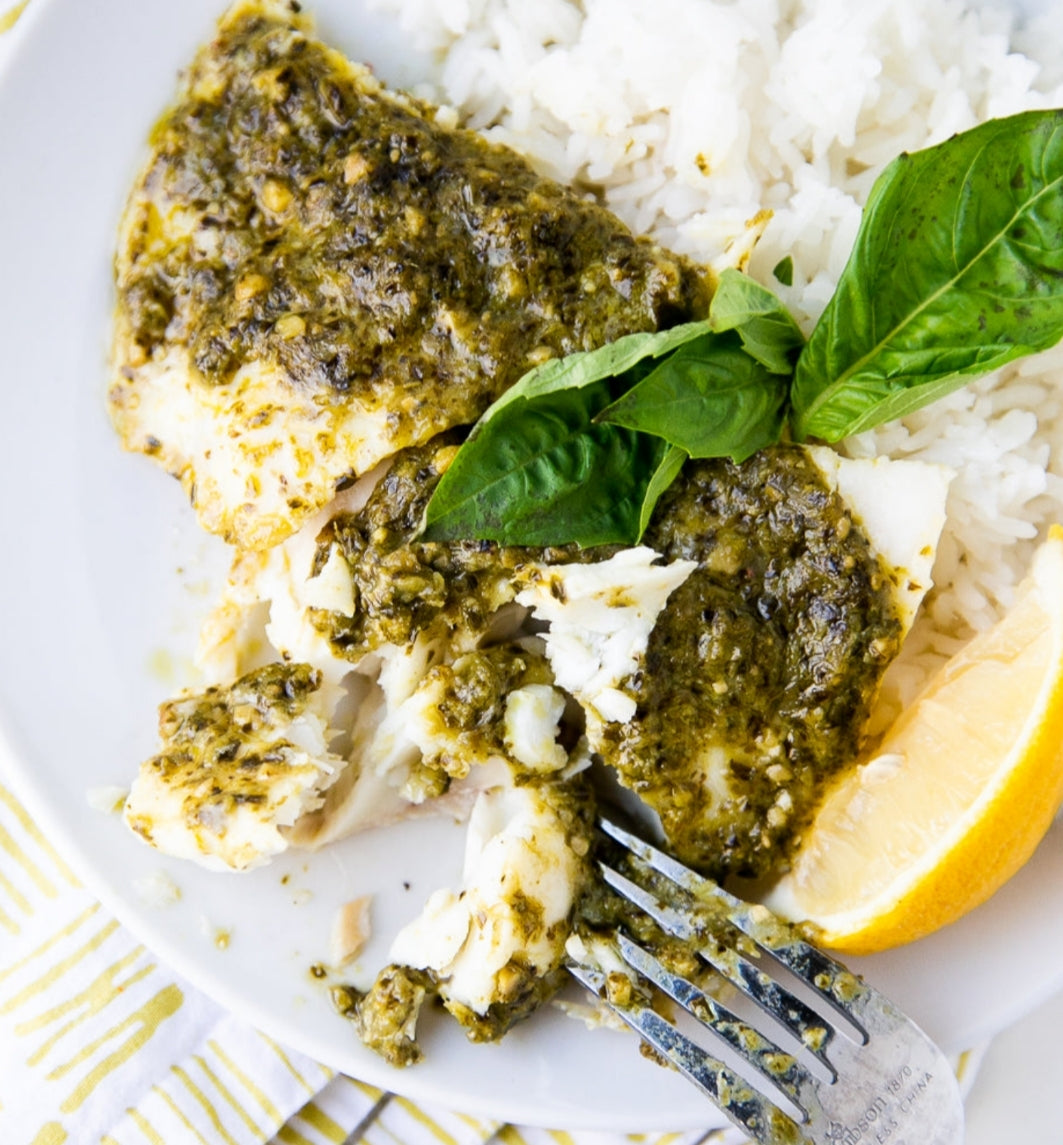 Walnut Pesto Crusted Basa ~ Includes Starch & Veggies (Frozen Meal)