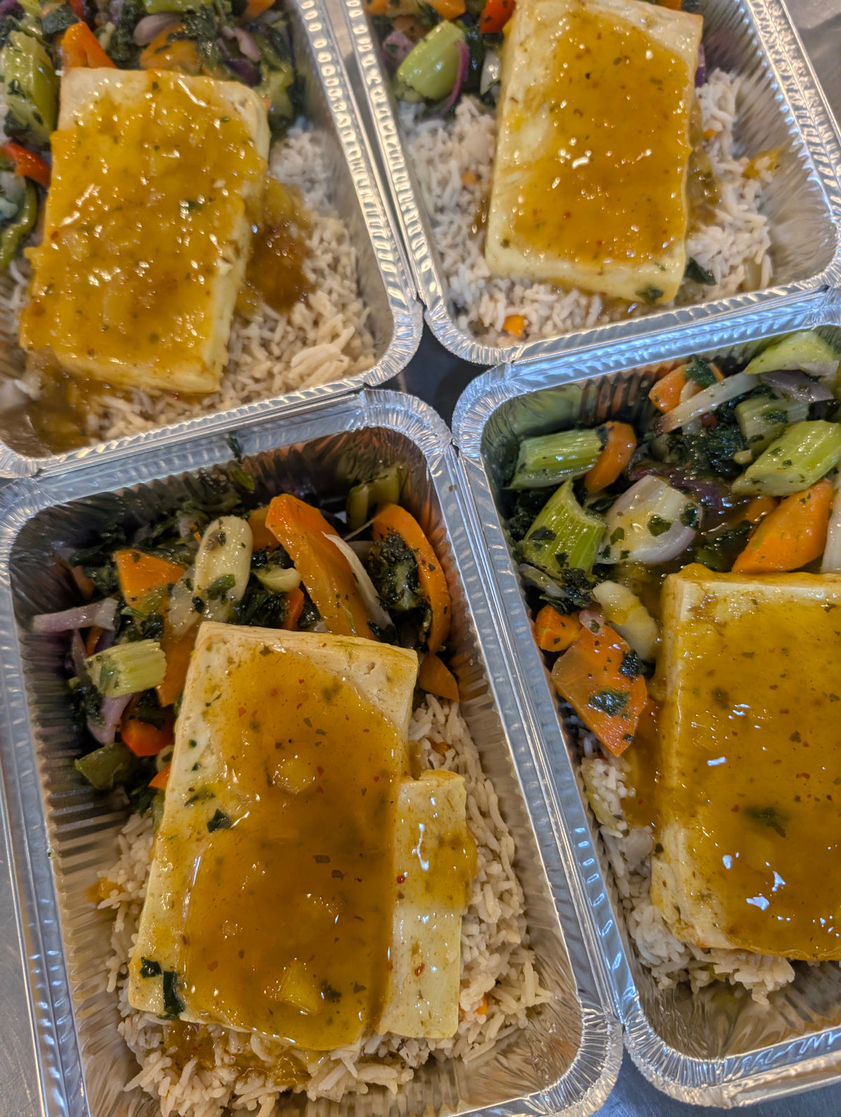 Pineapple Curry Tofu & Veggies over Rice Pilaf (Frozen Meal)