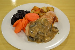 Braised Pork Chop (Mushroom Sauce) w/ Starch & Two Veggies (Frozen Meal)