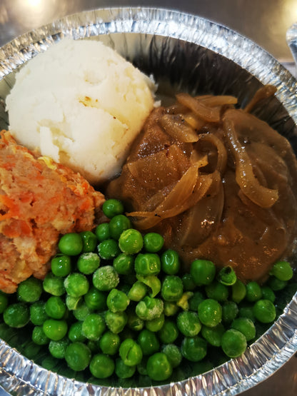 Salisbury Steak ~ Includes Starch & Two Veggies (Frozen Meal)