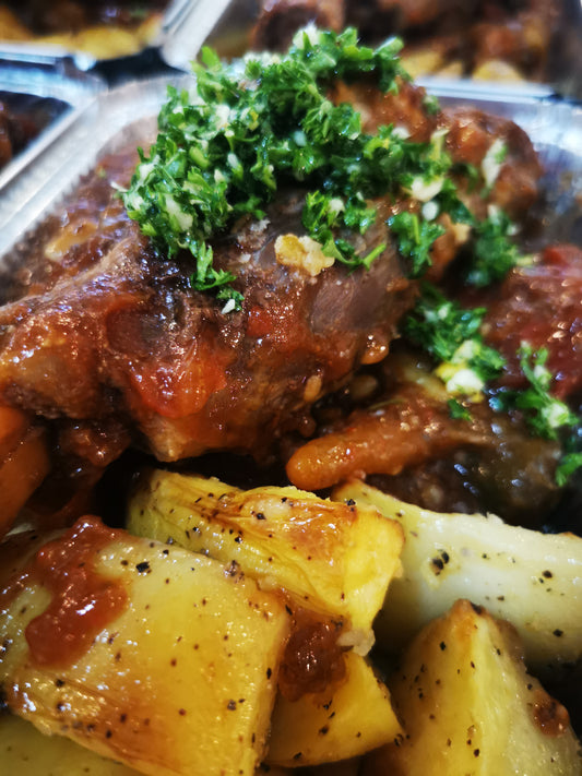 Braised Lamb Shank ~ Includes Starch & Two Veggies (Frozen Meal)