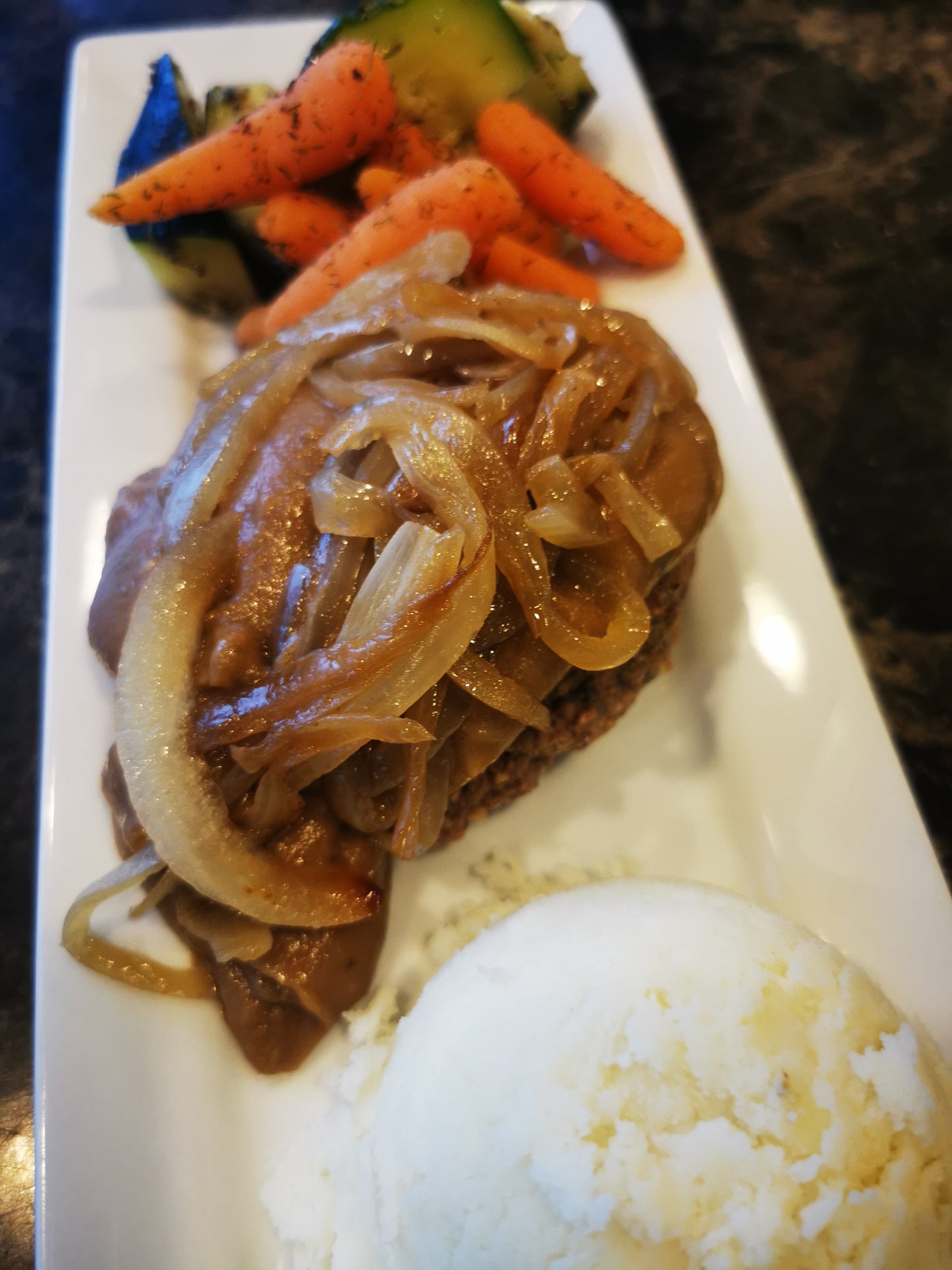 Salisbury Steak ~ Includes Starch & Two Veggies (Frozen Meal)