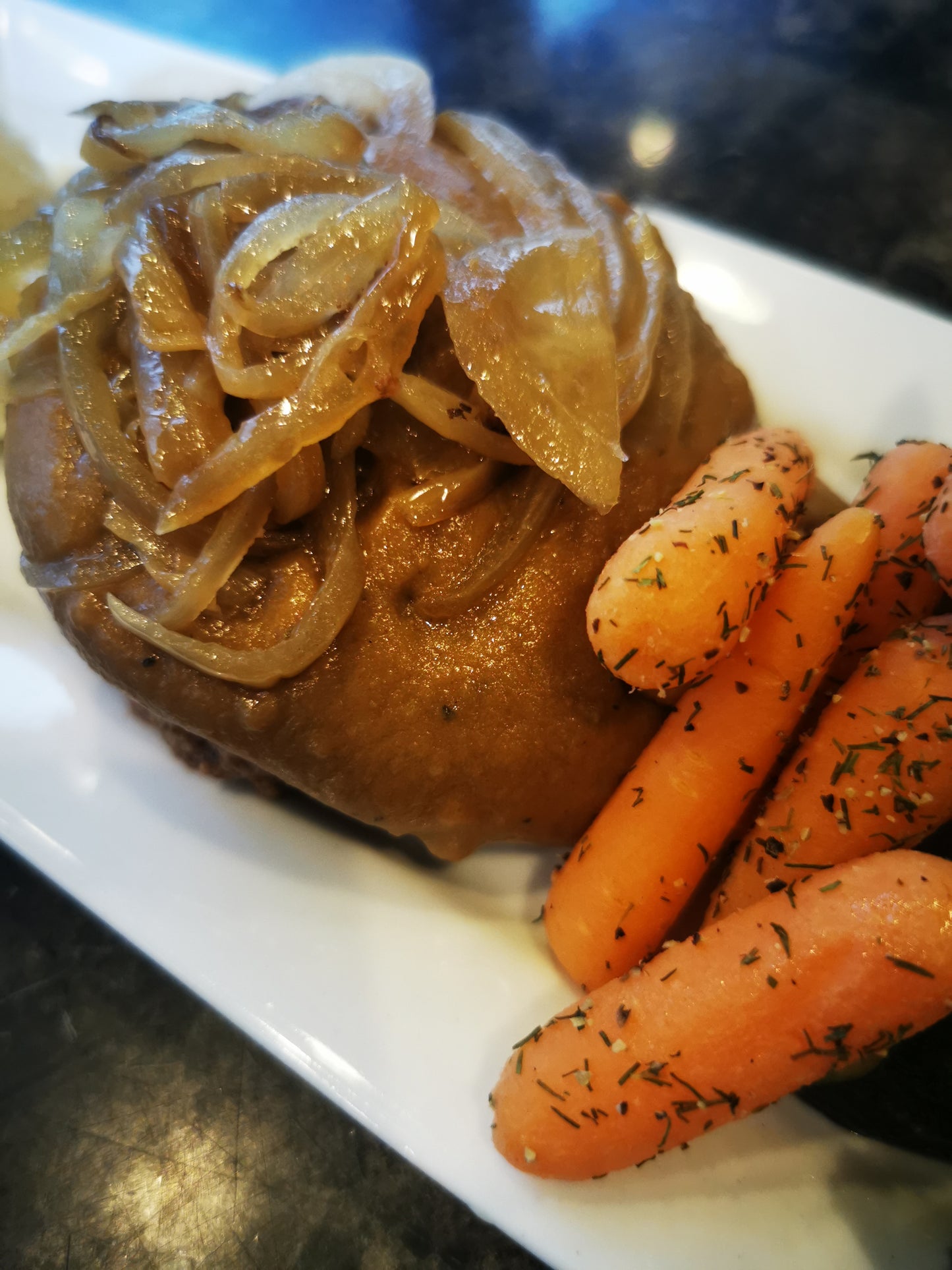 Salisbury Steak ~ Includes Starch & Two Veggies (Frozen Meal)