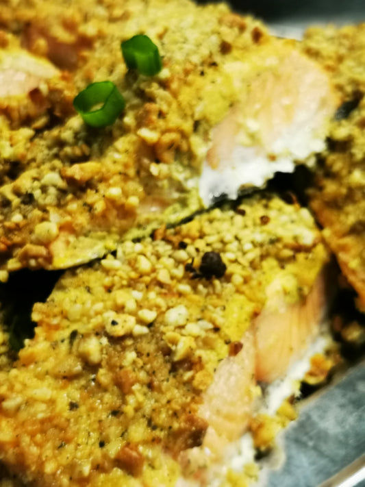 Cashew Crusted Salmon w/ Rice Pilaf,  Two Veggies (Frozen Meal)