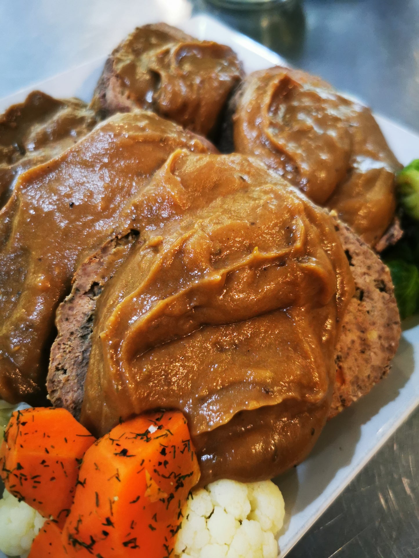 Beef Meatloaf With Gravy ~ Includes Starch & Two Veggies (Frozen Meal)
