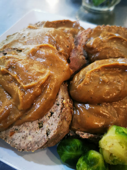 Beef Meatloaf With Gravy ~ Includes Starch & Two Veggies (Frozen Meal)