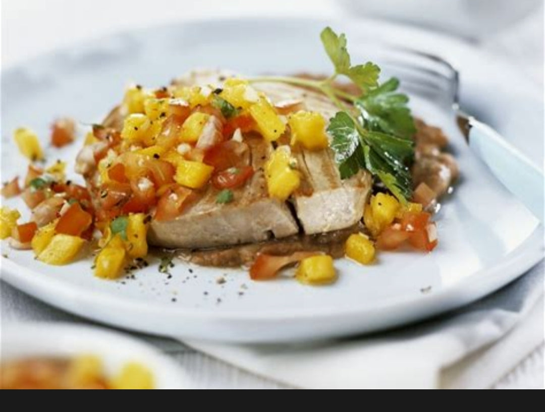 6oz Seared Ahi Tuna Steak w/ Fresh Peach Salsa ~ Includes Rice & two Veggies (Frozen Meal)