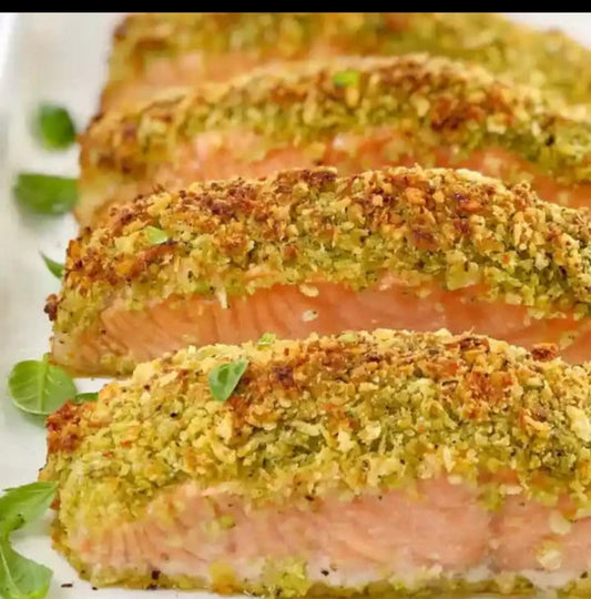 Asiago Cheese ,Pesto Crusted Salmon ~ Includes Starch & Veggies (Frozen Meal)